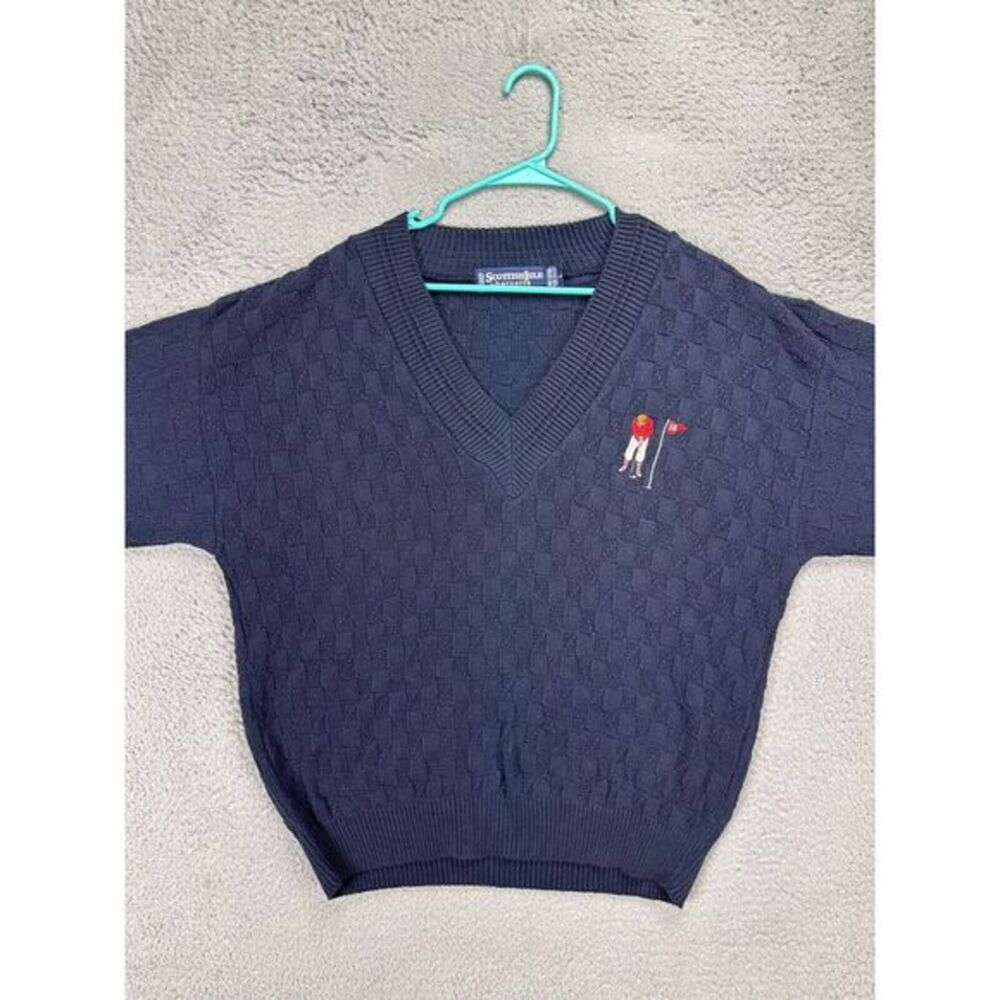 VINTAGE Scottish Isle Bernette Sweater Mens Large Blue Knit V-Neck Pullover Golf